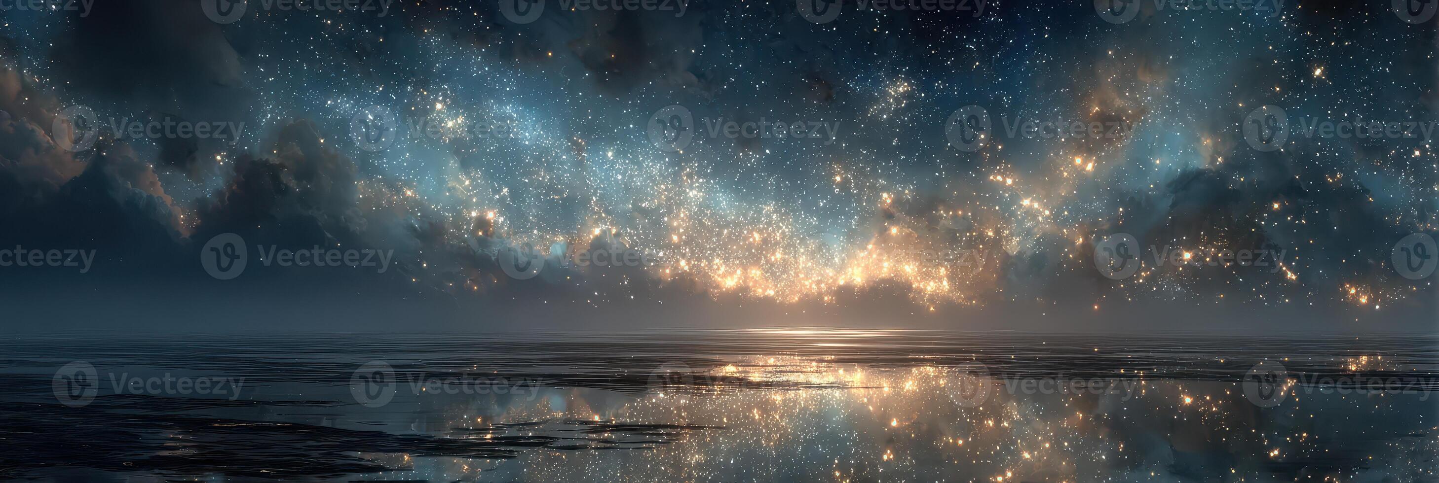 Starlit sky reflecting on calm water at twilight with shimmering celestial bodies photo