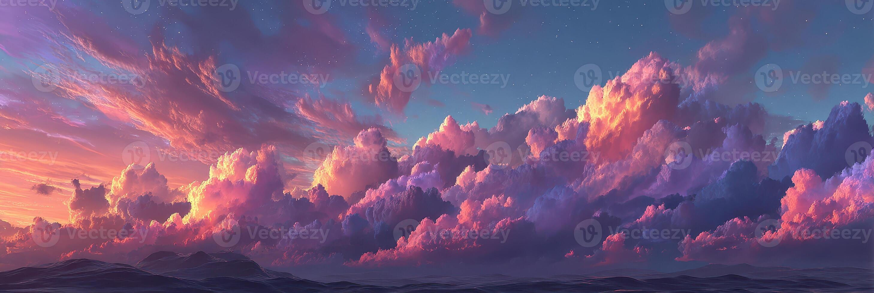 Vibrant clouds at sunset create a breathtaking view over the horizon with rich colors and textures in the evening sky photo