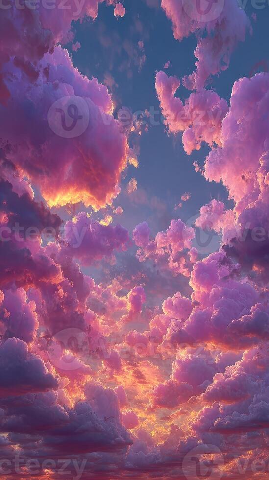 Vibrant sunset clouds create a stunning twilight sky over the horizon in a serene evening setting photo