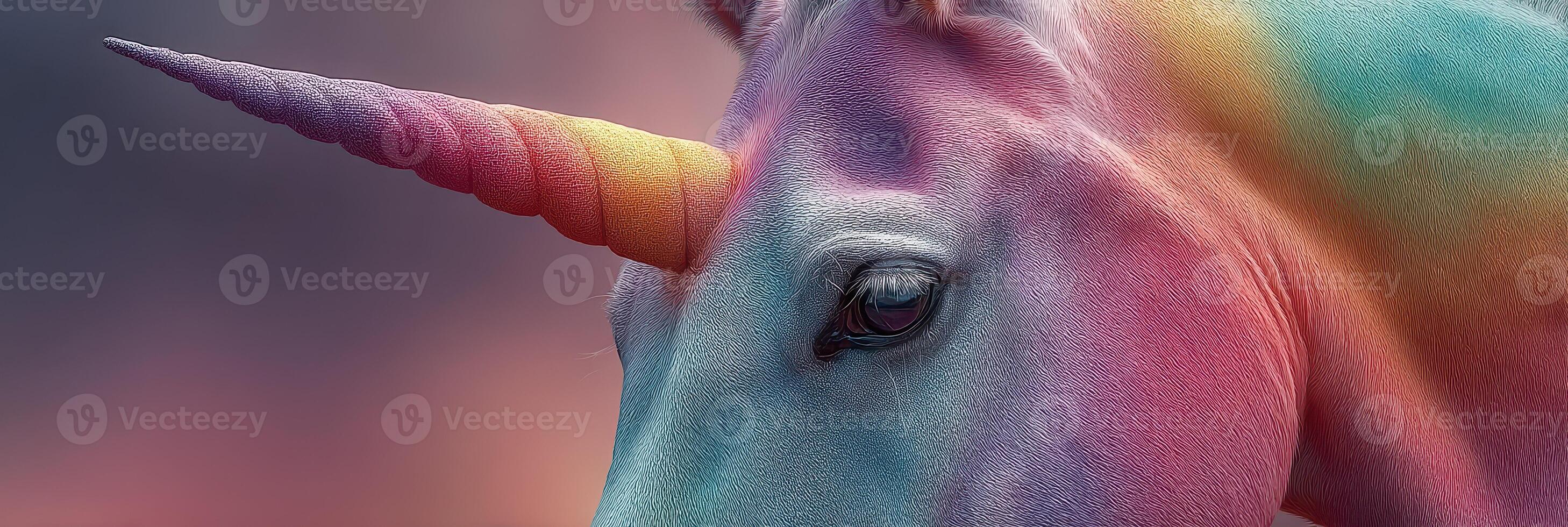 Colorful unicorn with a rainbow mane standing against a vibrant background at sunset in a magical forest photo