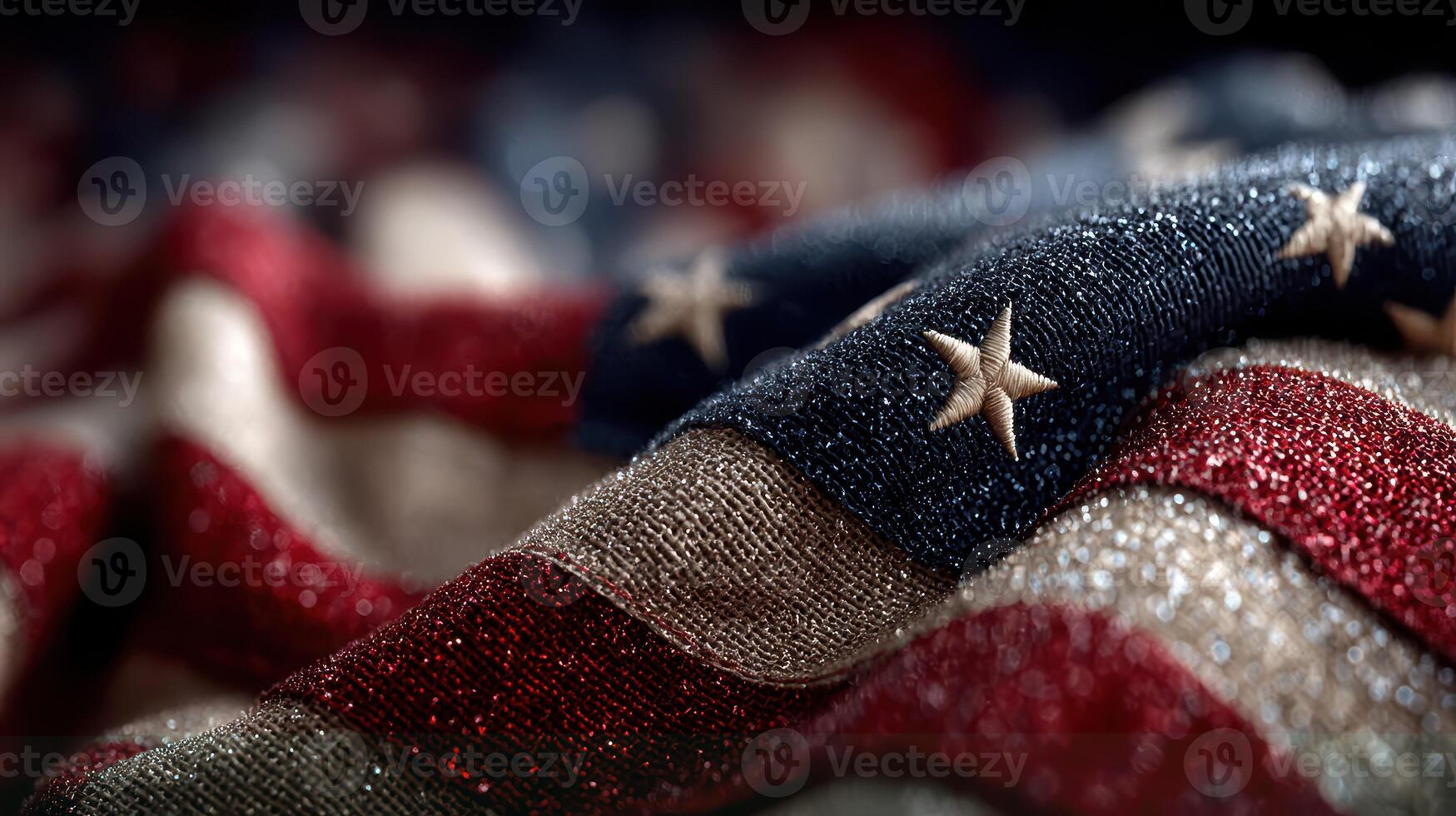 Detailed close-up of a textured American flag showcasing its colors and patterns with stars and stripes prominently displayed photo