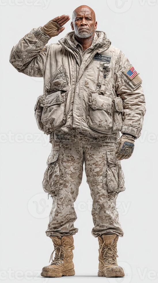 Soldier in camouflage uniform saluting under bright lighting at an unspecified location during the daytime photo