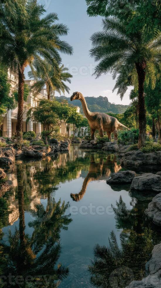 Large dinosaur statue in a lush garden reflecting in a tranquil pond during golden hour photo