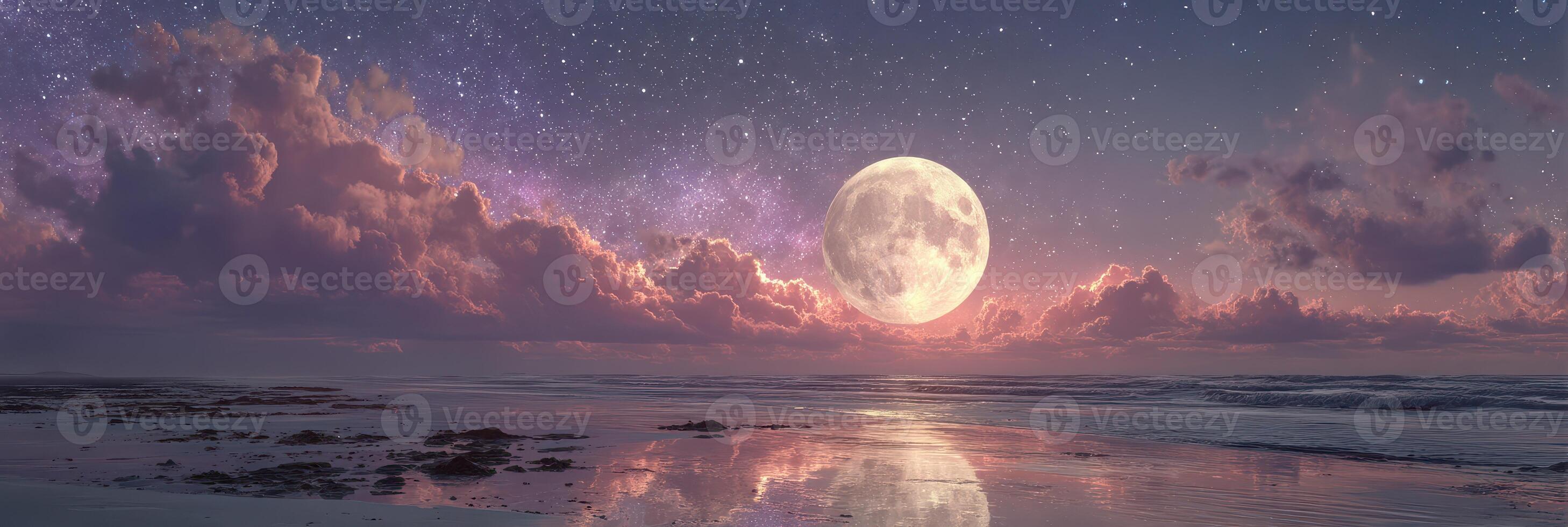 Full moon illuminates the calm ocean under a starry night sky with vibrant clouds at twilight photo
