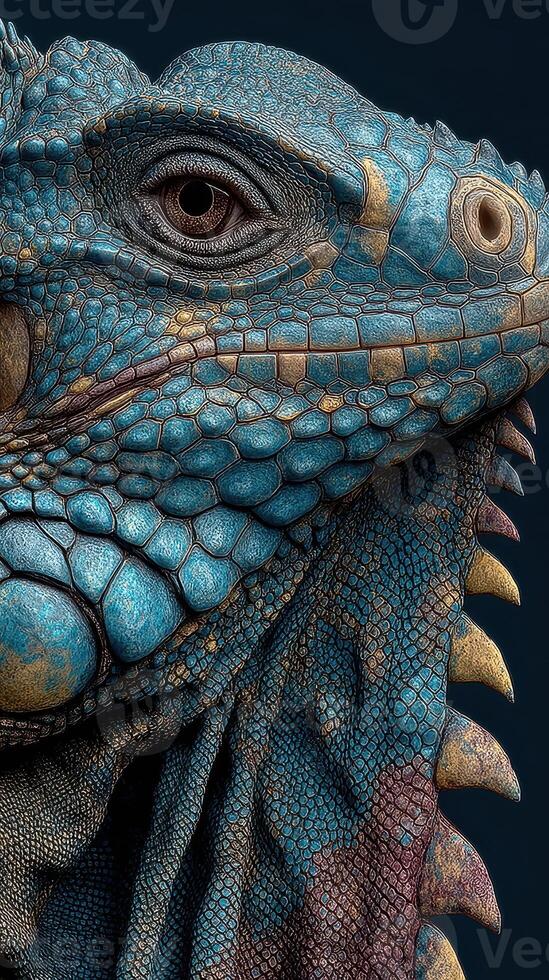 Close-up view of a vibrant blue iguana showcasing intricate scales and striking features against a dark backdrop photo