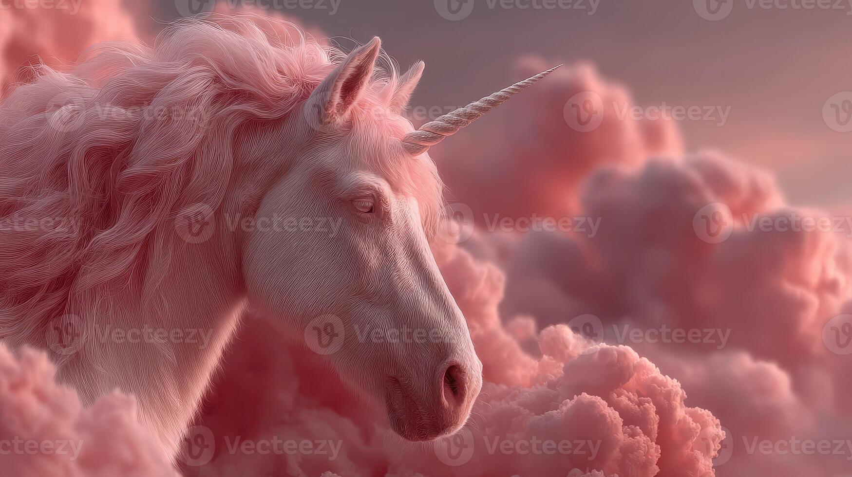 Captivating unicorn surrounded by soft pink clouds at sunset in a fantasy landscape photo