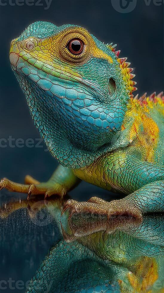 Colorful lizard showcasing vibrant blue and yellow hues on a reflective surface in an indoor setting photo