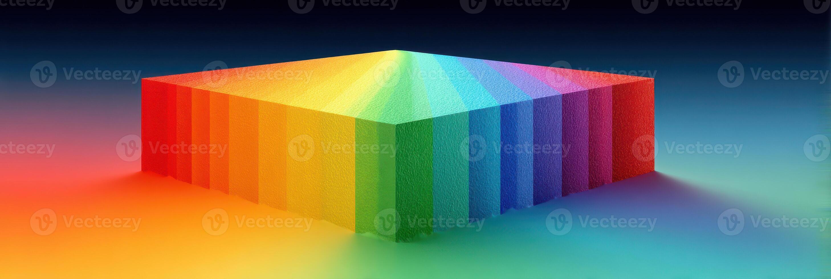 Vibrant geometric structure displaying a spectrum of colors against a dark background in a digital artwork photo
