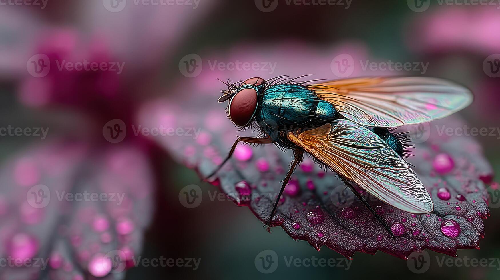 Colorful fly resting on a purple leaf with water droplets in a vibrant natural setting photo