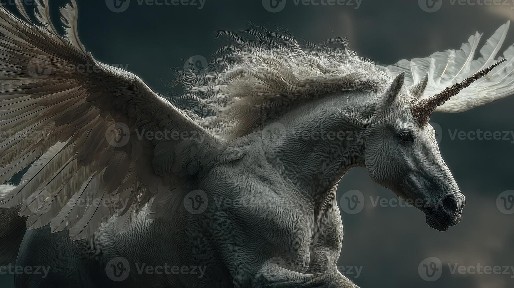Majestic winged unicorn soaring through a mystical landscape under a dramatic sky photo