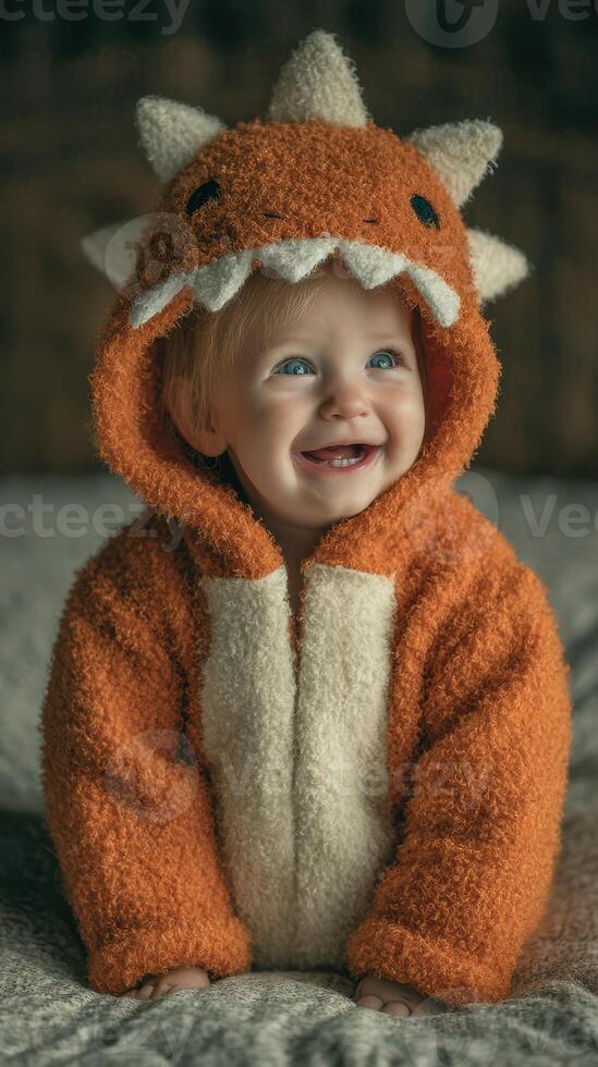 Happy toddler in orange dinosaur costume smiles joyfully at home during cozy indoor playtime photo