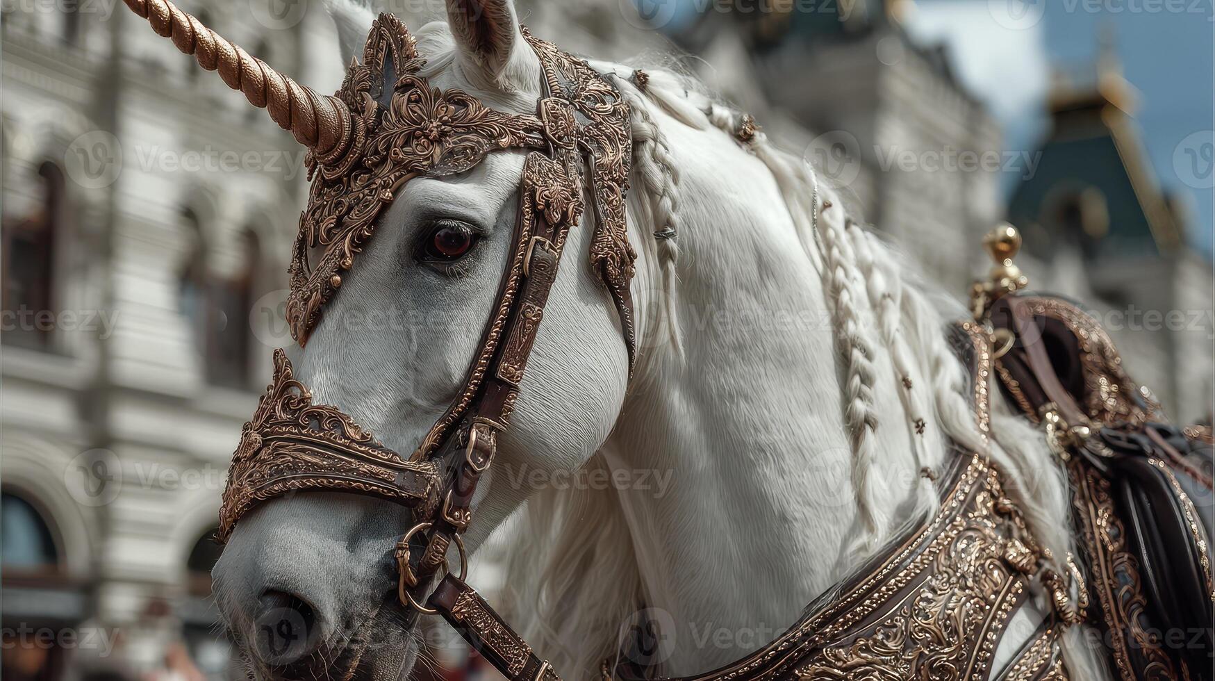 Elegant white unicorn adorned in ornate golden harness parades through city streets under a clear sky photo