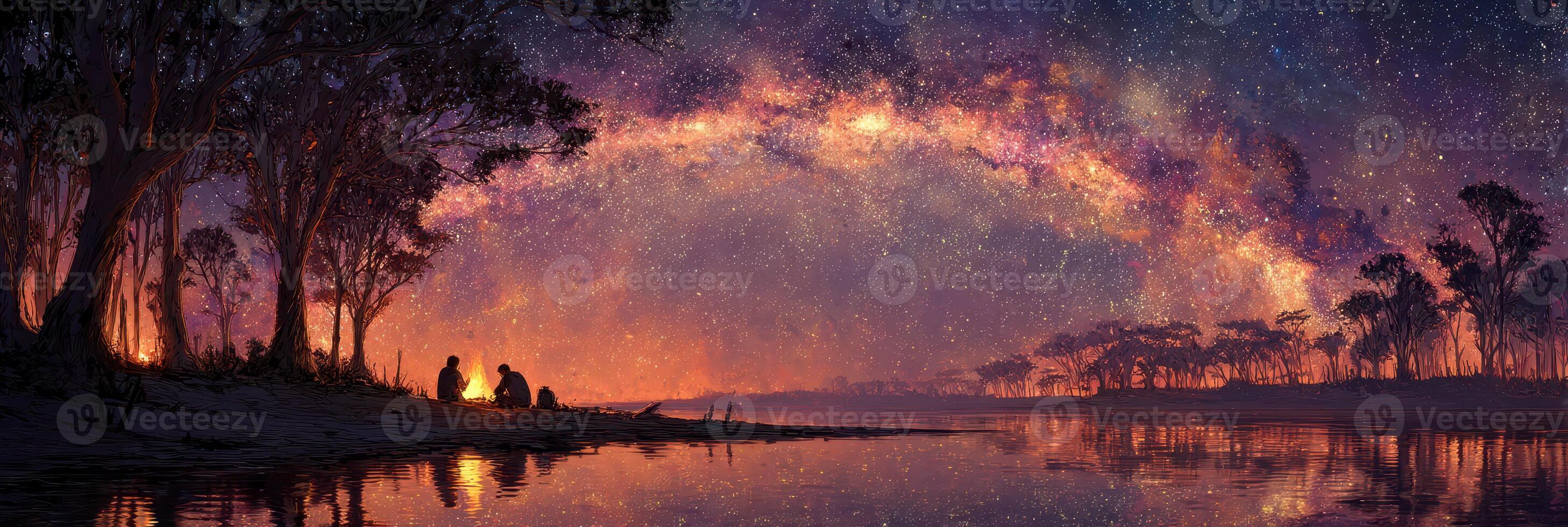 Night under the stars beside a serene river with two people enjoying the warm glow of a fire photo
