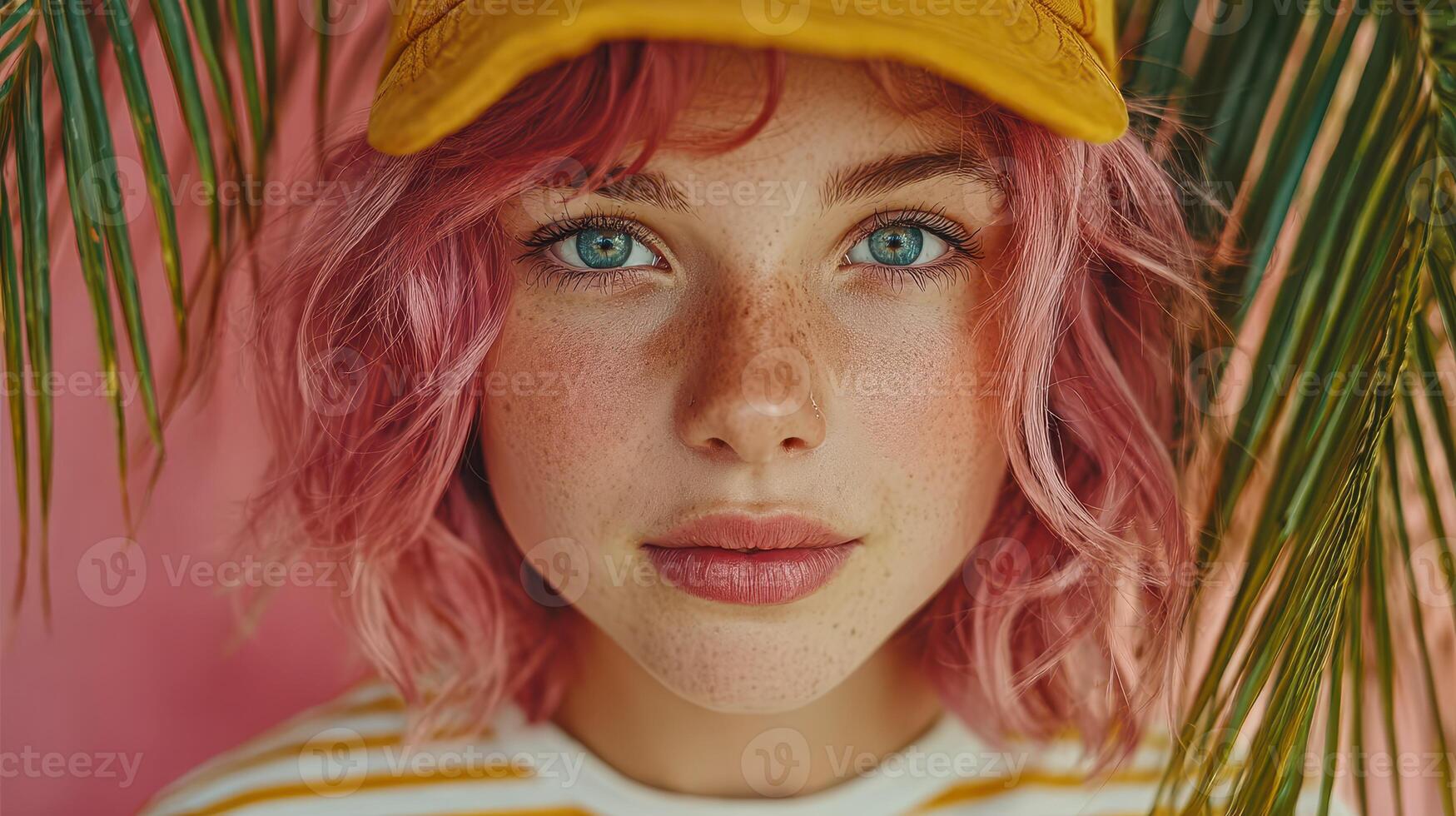Young woman with pink hair and cap posing among tropical leaves in vibrant setting photo