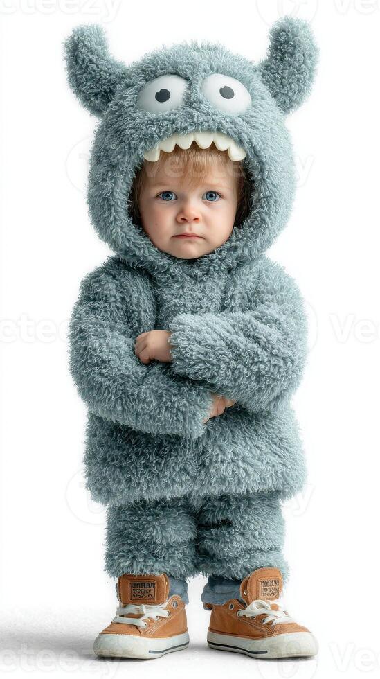 Cute toddler in fluffy monster costume posing with crossed arms against white background photo