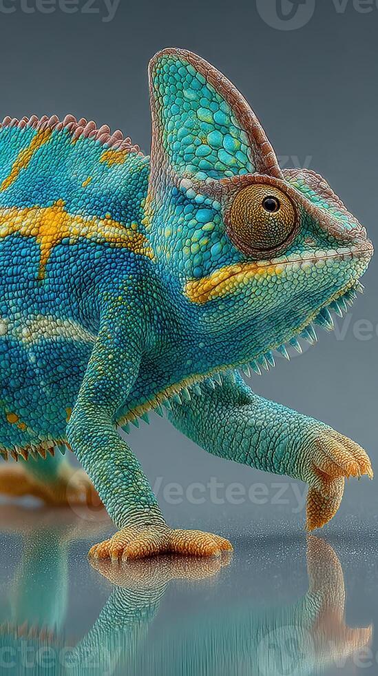Colorful chameleon walking on a smooth surface in a bright studio setting during the day photo