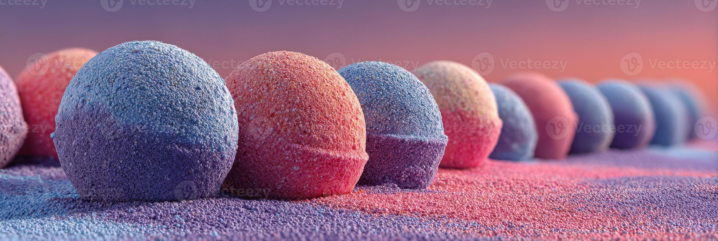 Colorful bath bombs arranged on a surface with a sunset backdrop during a creative product display photo