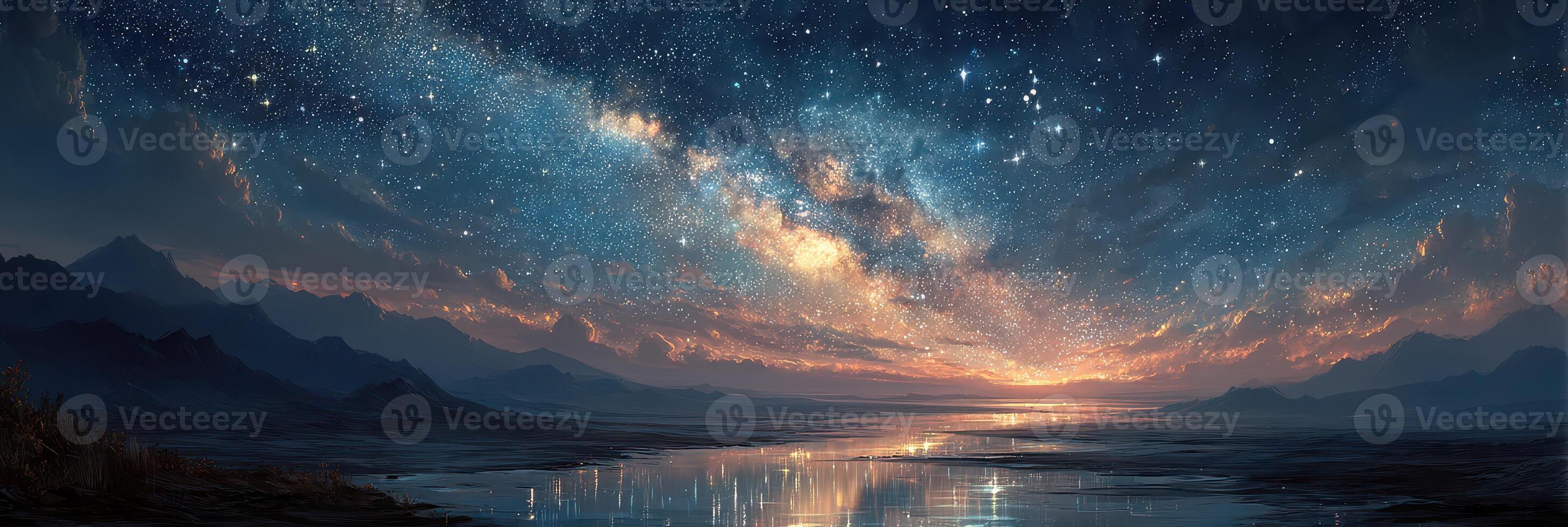 Night sky shimmering with stars and reflections over calm water at dusk in a mountainous landscape photo
