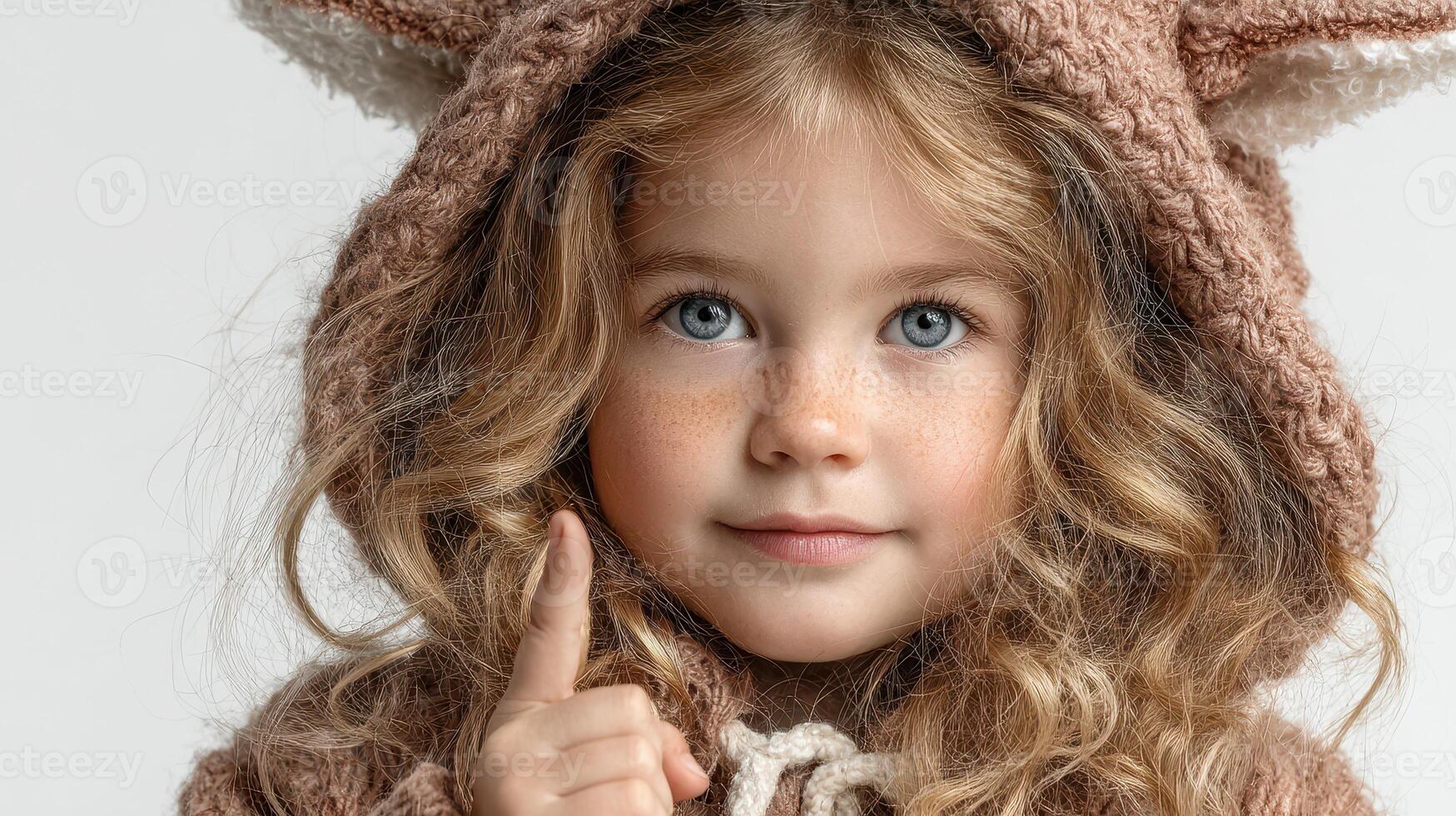 Young girl with curly hair in cozy animal-inspired outfit points to the viewer with a playful expression indoors photo