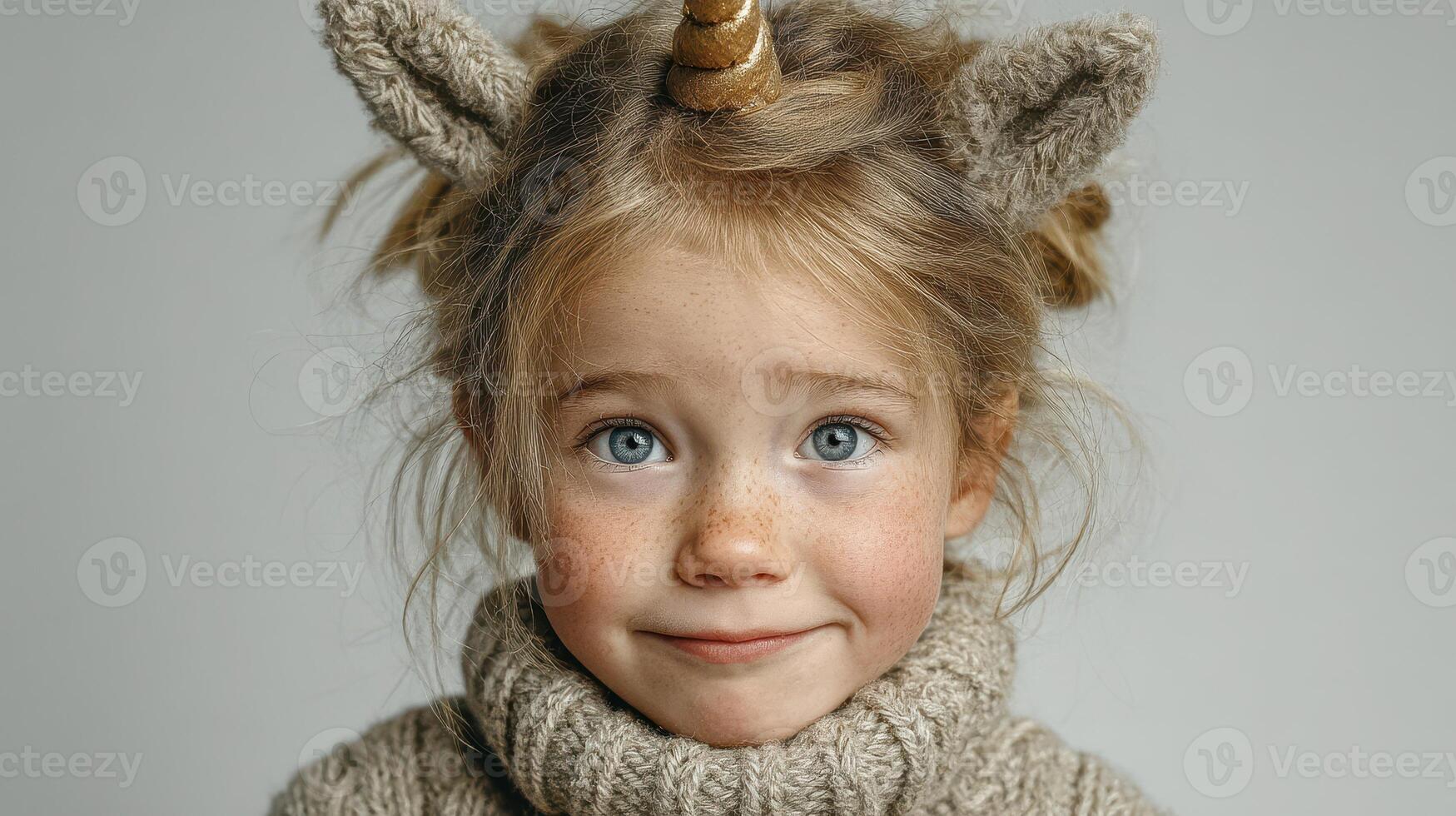 Child dressed as a unicorn with a cozy sweater showing a joyful expression in a neutral background photo