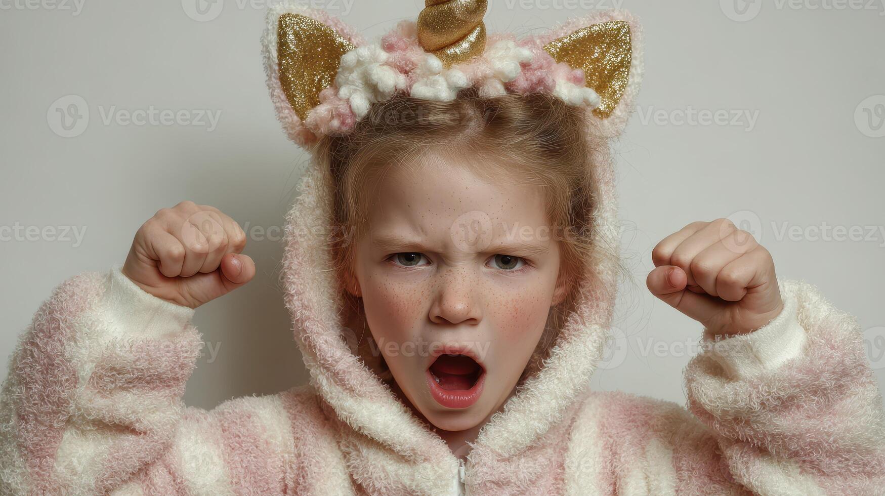 Child in unicorn onesie shows strong emotions during playful moment in cozy indoor setting photo