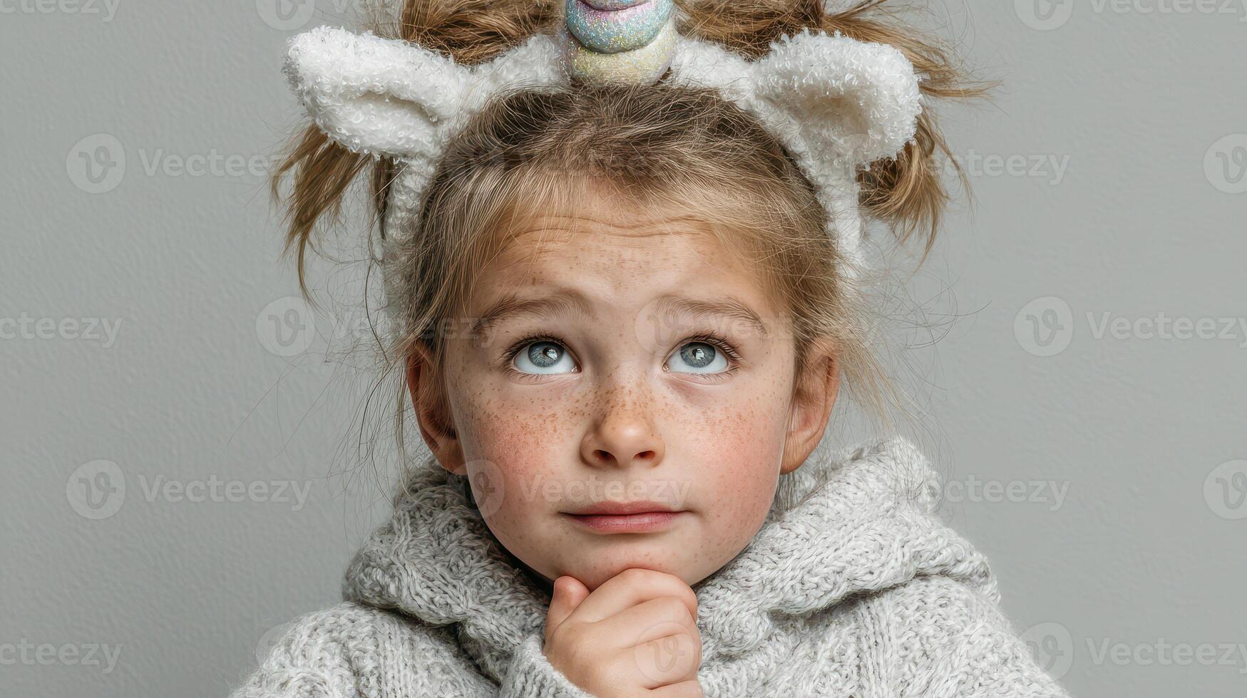 Young girl with unicorn headband thinking thoughtfully in cozy sweater against neutral background photo