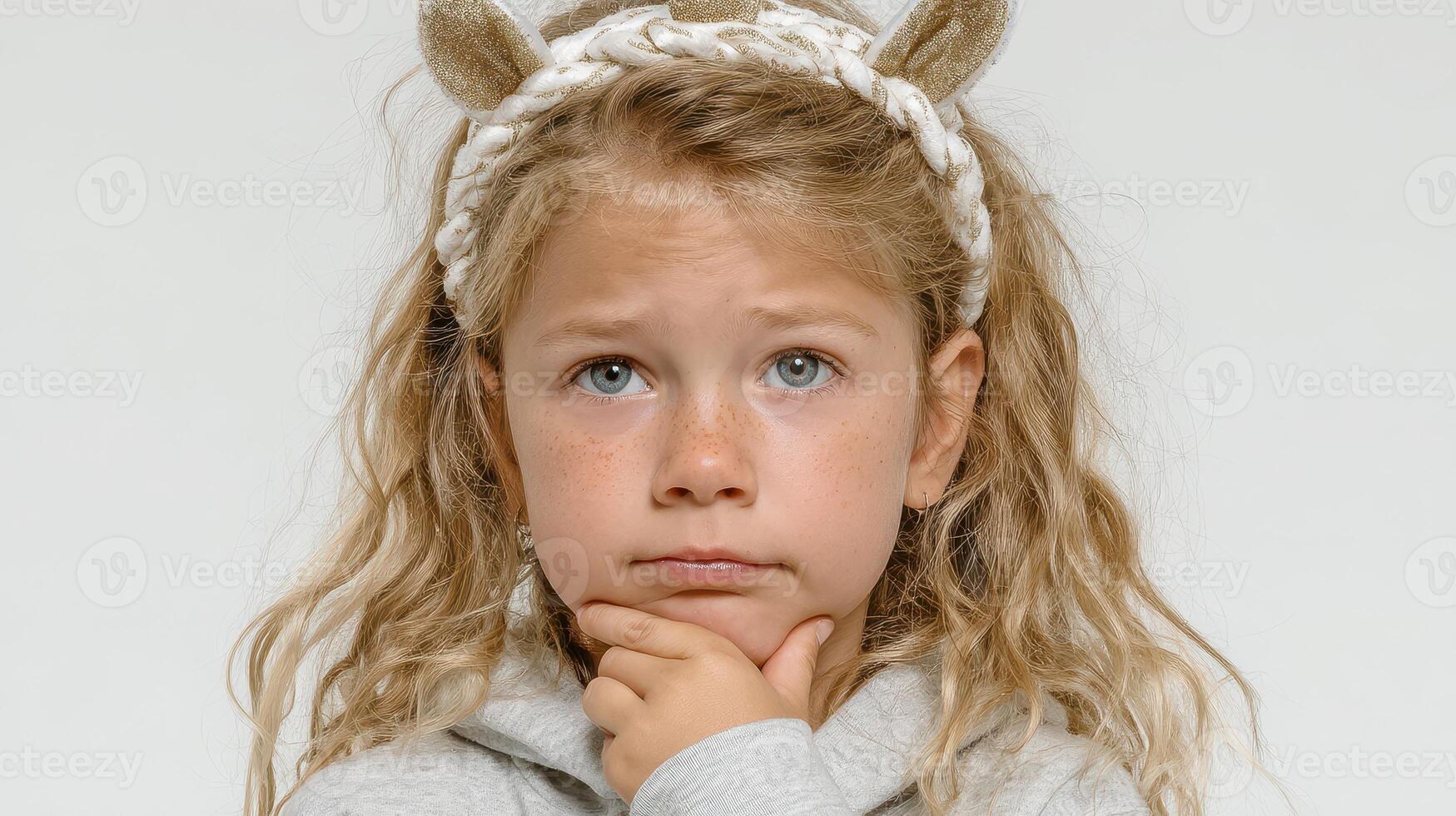 Young girl contemplating while wearing a headband with animal ears in a studio setting during the daytime photo