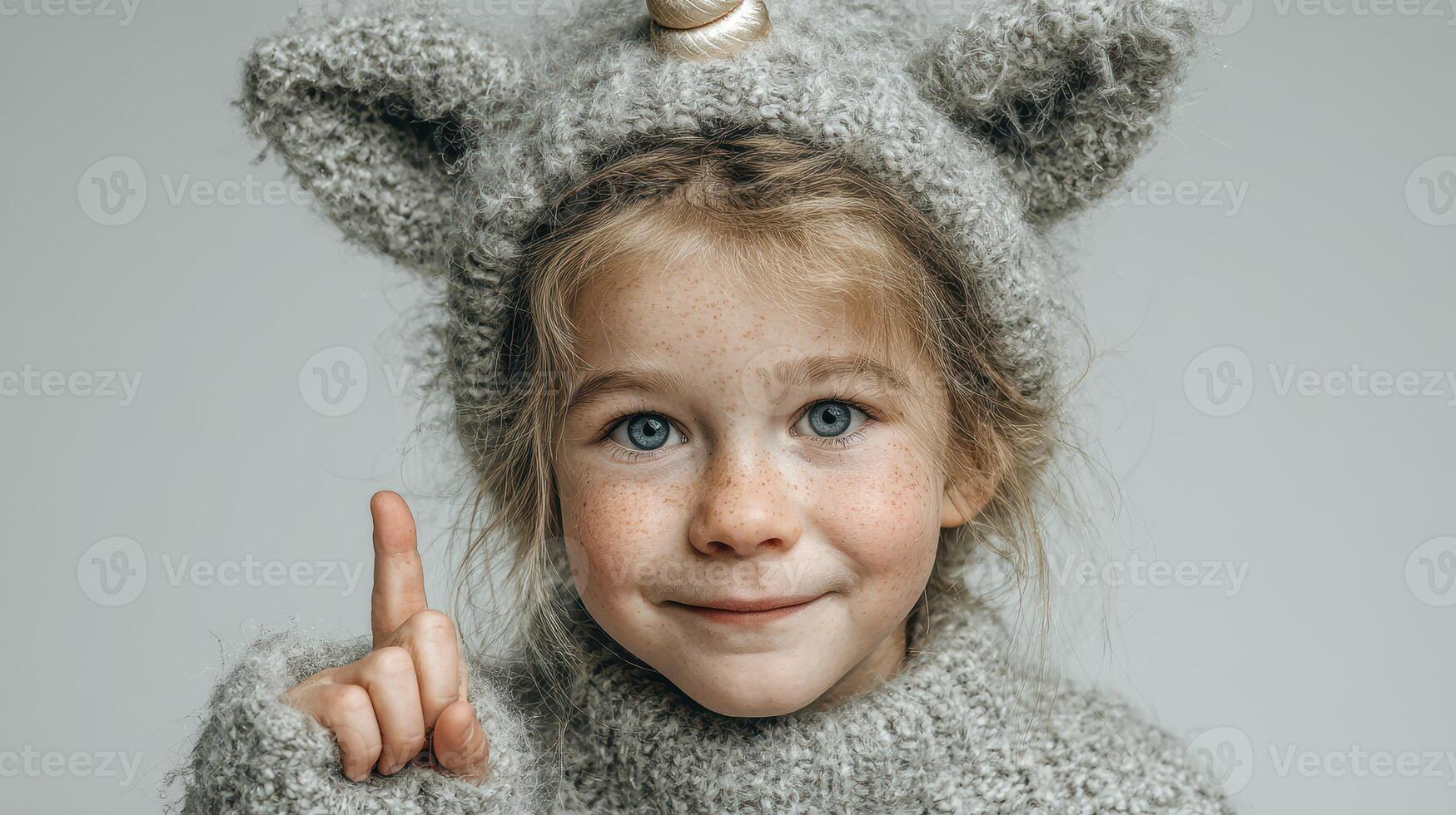 Child wearing a cozy gray unicorn sweater and hat smiling while pointing in a bright indoor setting photo