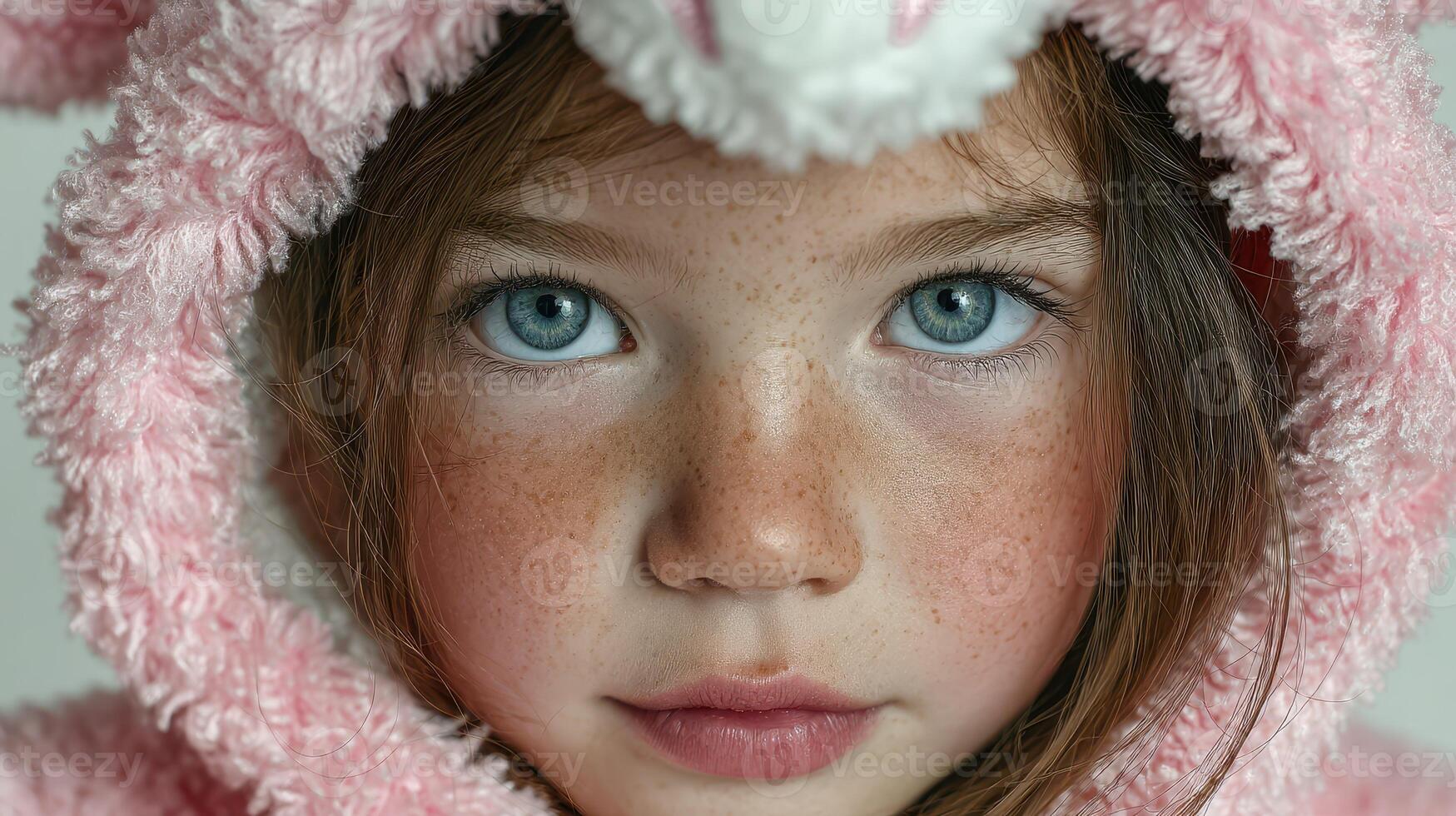 Child wearing cute pink bunny hoodie with fluffy ears and big blue eyes in a cozy indoor setting during daylight hours photo