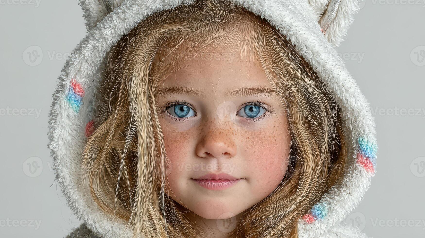 Young girl with blue eyes wearing a fluffy hoodie featuring animal ears in a neutral setting during natural daylight photo