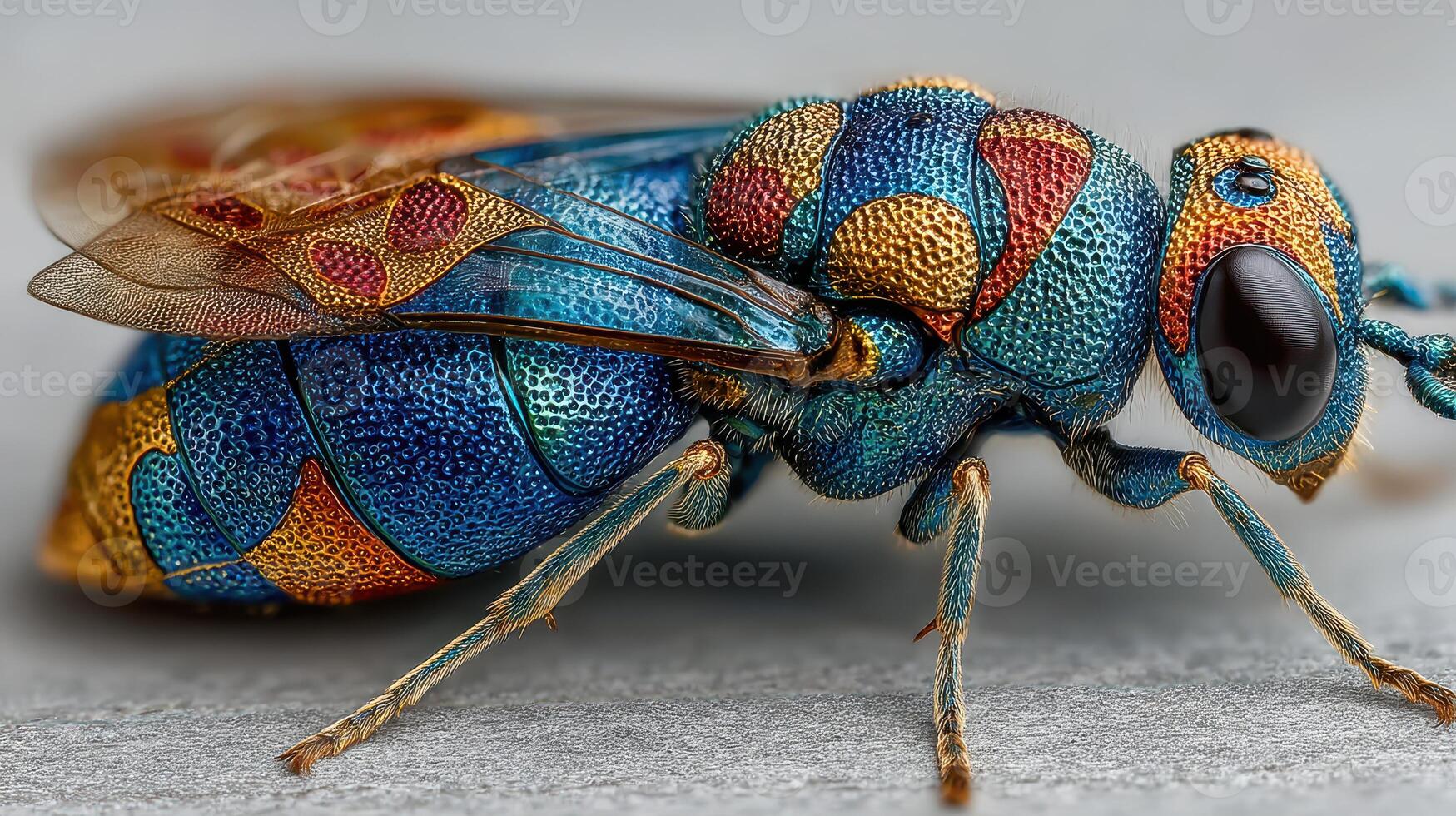 Colorful insect displays intricate details in a close-up view of its vibrant body features and wings photo