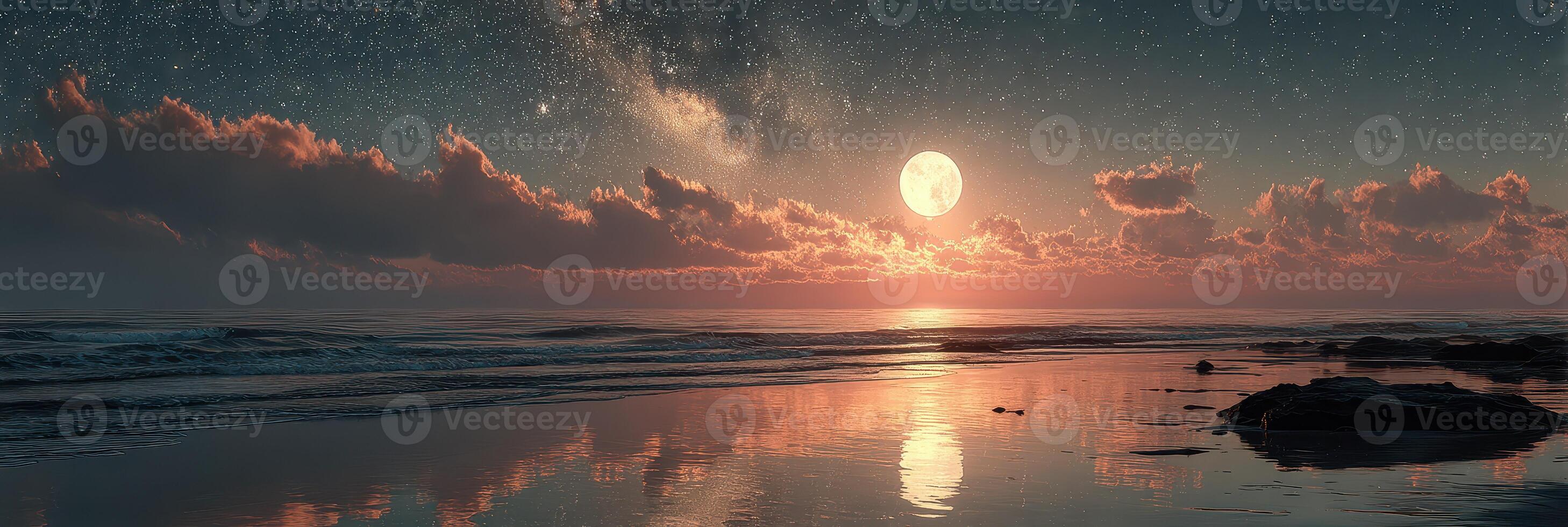 Moonrise over calm ocean waters at twilight showcasing a starry sky and reflecting clouds photo