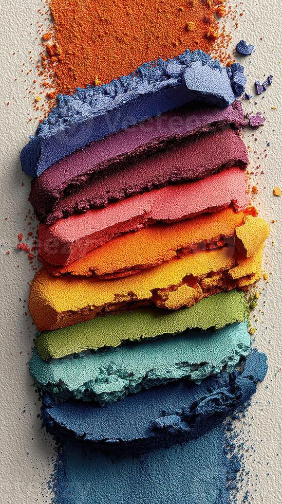 Colorful powder pigments arranged in vibrant layers creating an artistic display in a creative workspace setting photo