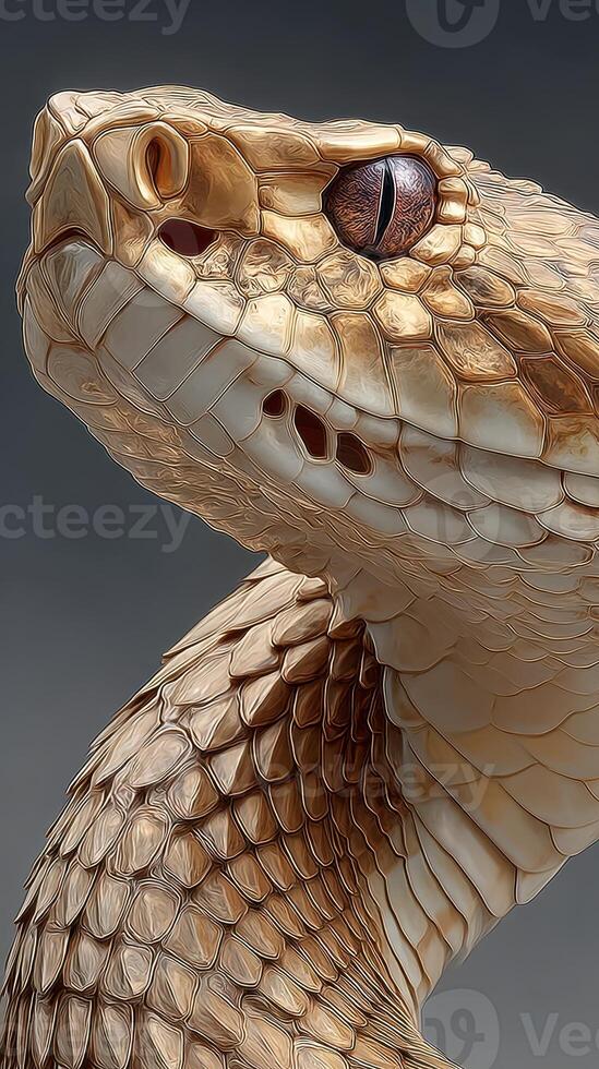 Close-up view of a detailed serpent showcasing its scales and striking eye in a neutral backdrop during indoor lighting photo