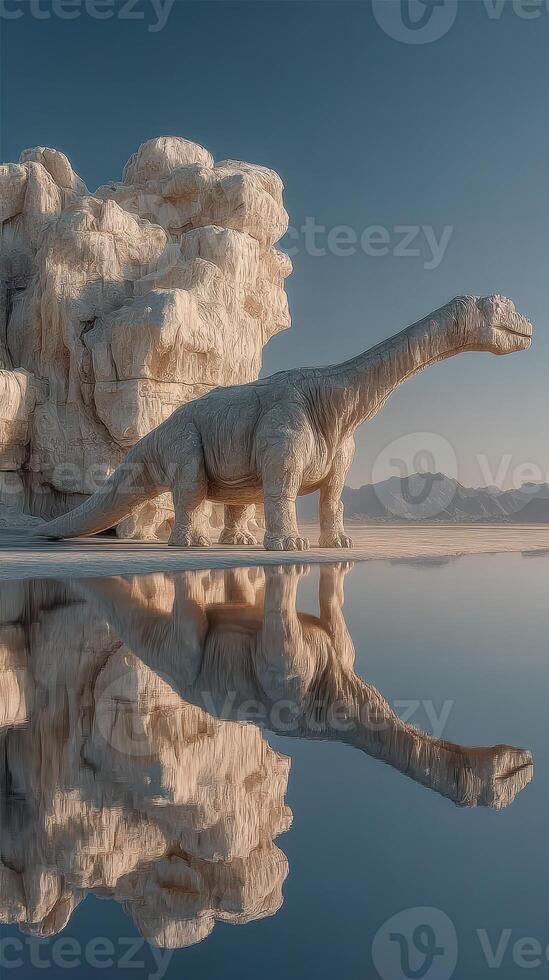 Realistic dinosaur sculpture stands by still water reflecting mountains in the background during golden hour photo