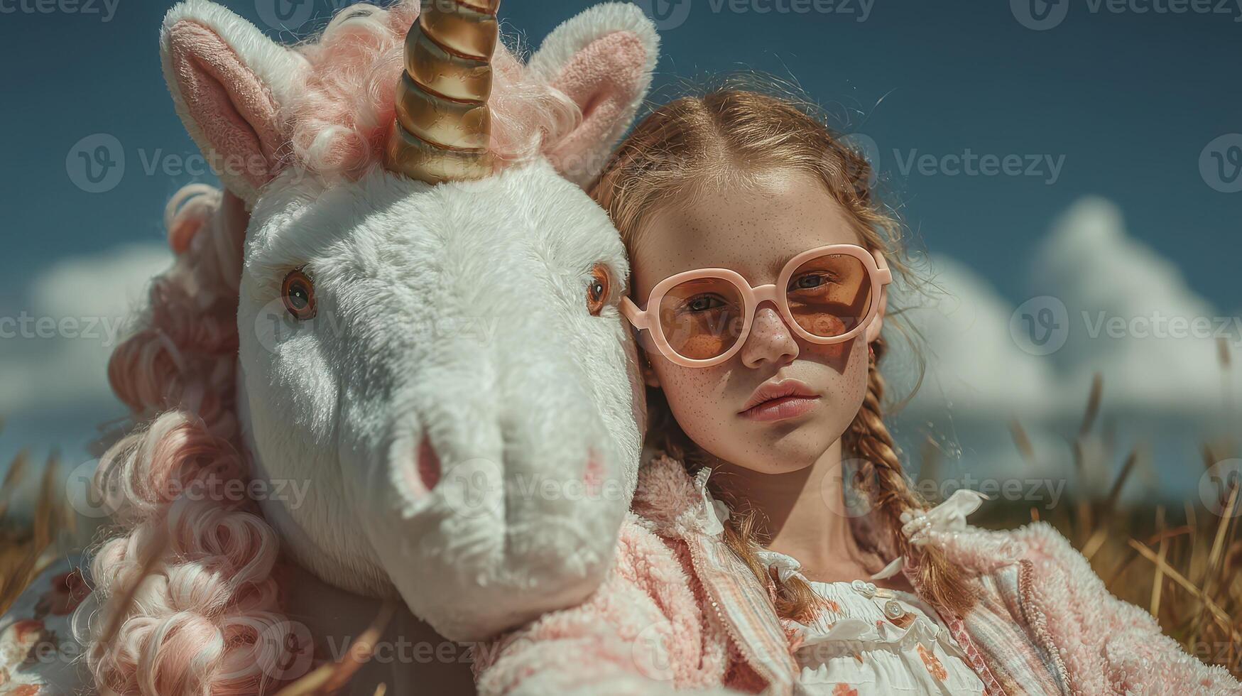 Young girl wears sunglasses beside a plush unicorn in a sunny field on a clear day enjoying a playful moment together photo