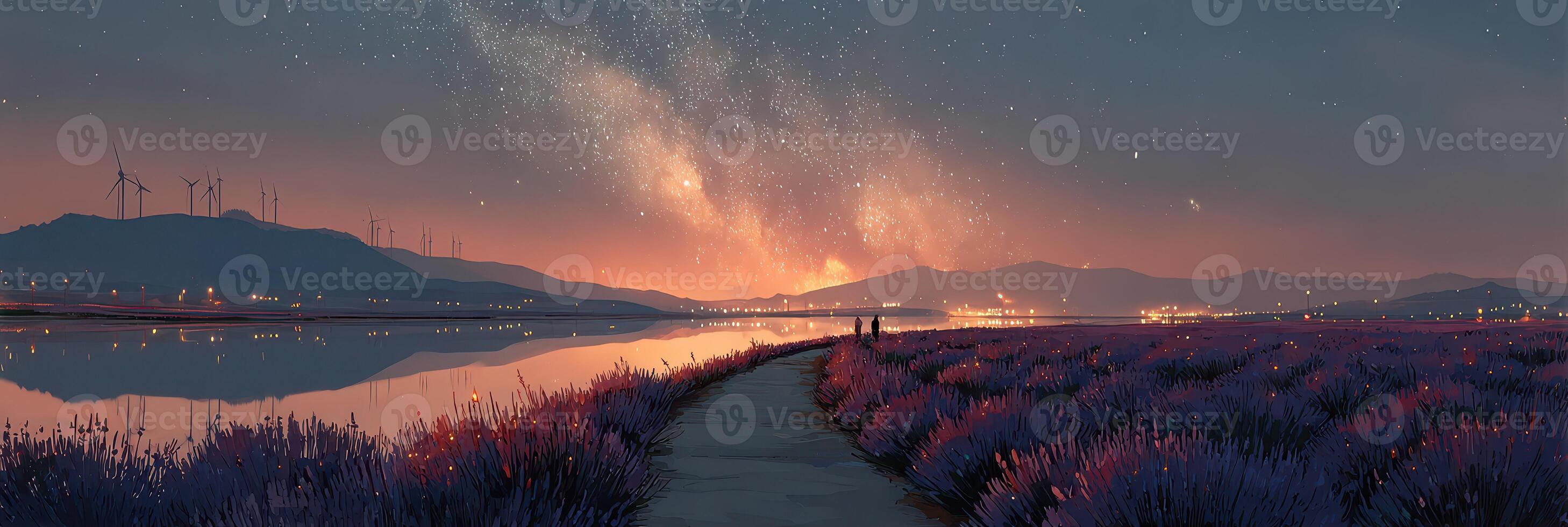 Stunning twilight landscape with vibrant lavender fields and a starry sky near a serene riverbank photo