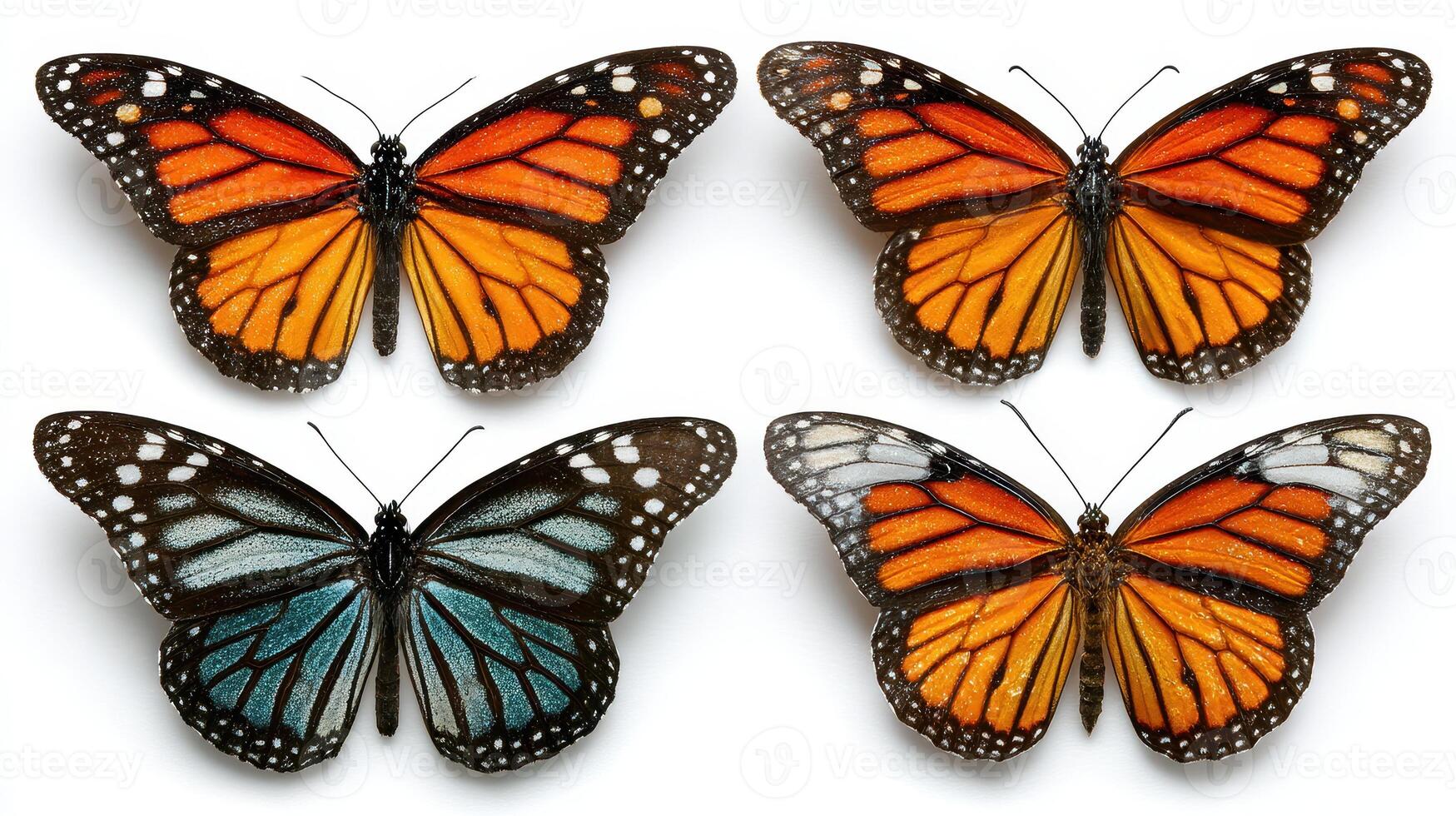 Variety of monarch butterflies displayed showcasing vibrant colors and patterns, ideal for nature enthusiasts and insect lovers photo