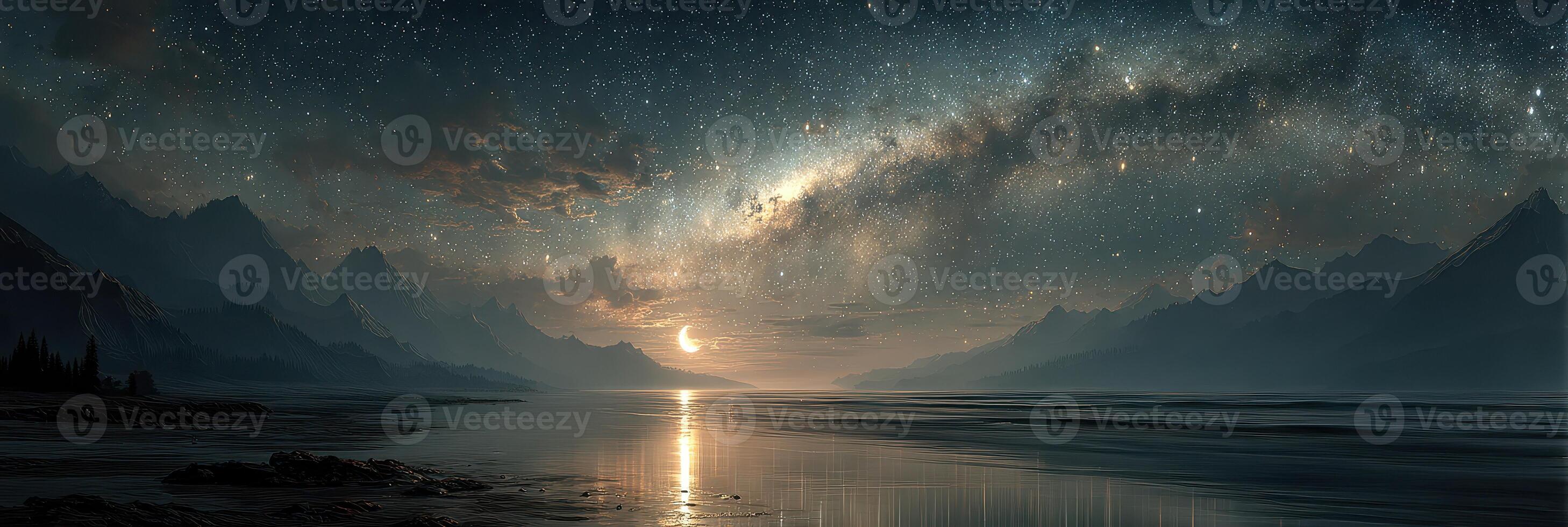 Night sky over tranquil lake reflecting stars and mountains under a crescent moon photo