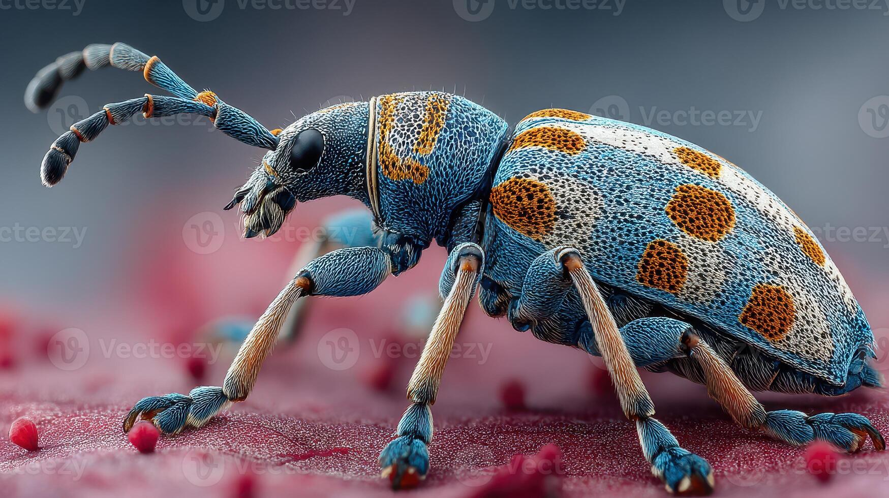 Colorful beetle explores vibrant foliage in a detailed close-up capturing the intricate patterns and textures photo