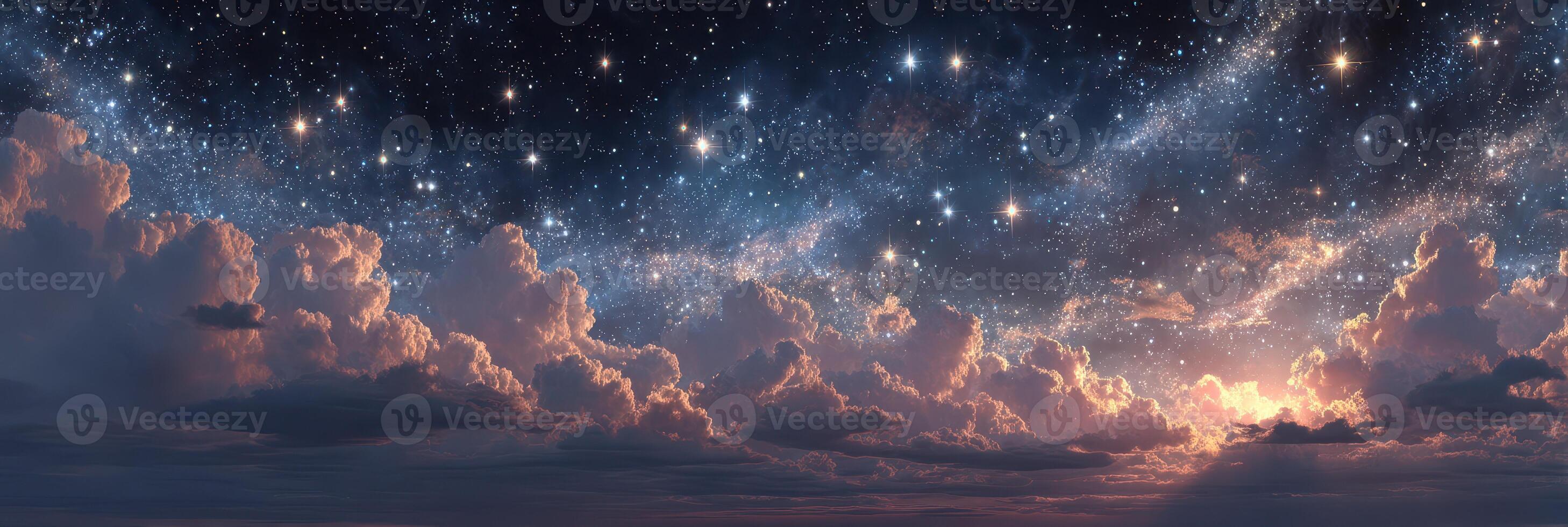 Stunning view of a starry night sky with colorful clouds at dusk photo