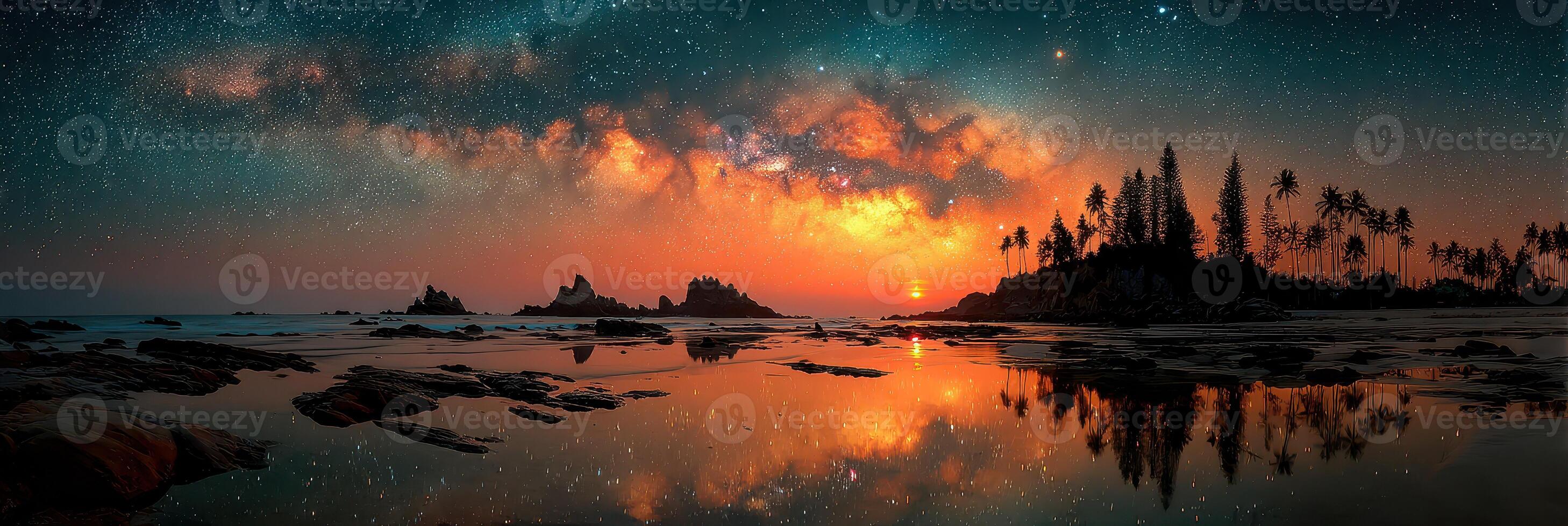 Stunning twilight sky reflecting on calm water near tropical shoreline with palm trees and rocky formations photo