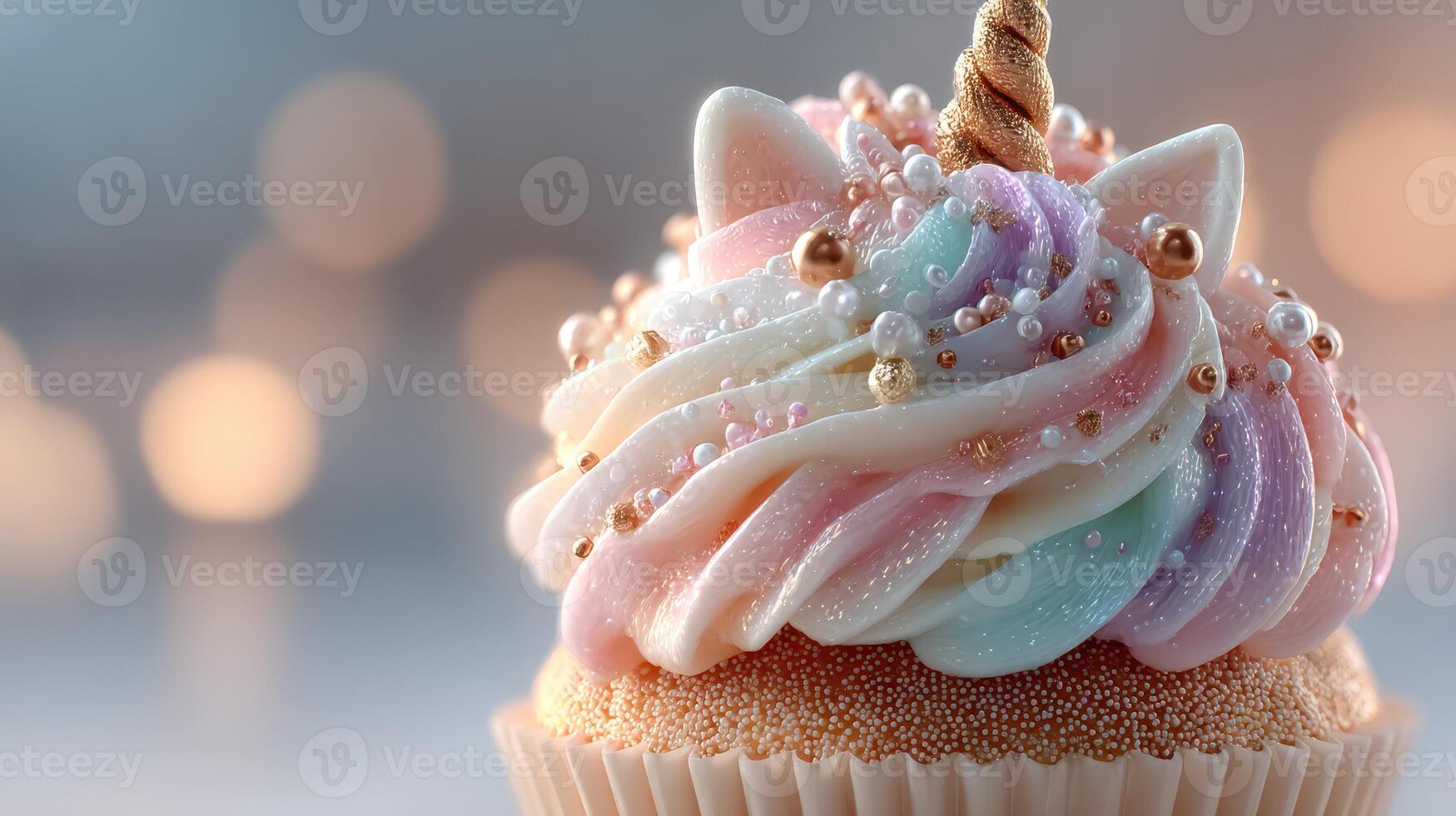 Colorful unicorn cupcake with swirls of frosting in a magical, softly lit setting photo