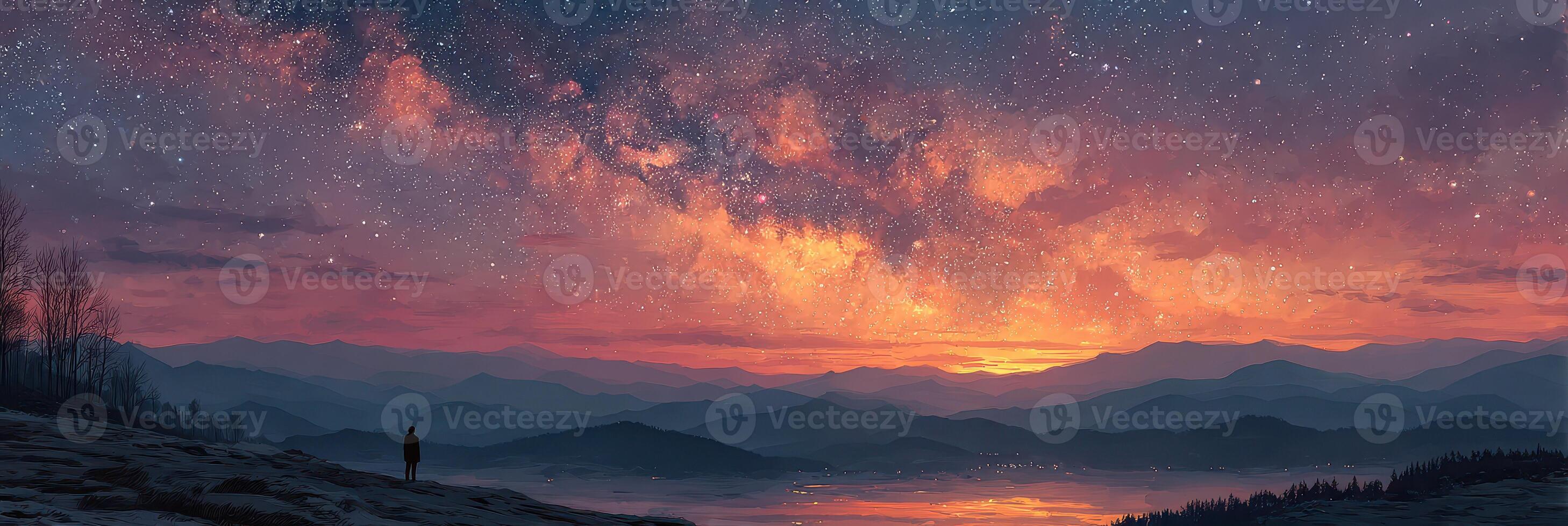 Stargazer admires the dazzling milky way above mountain ranges at twilight photo