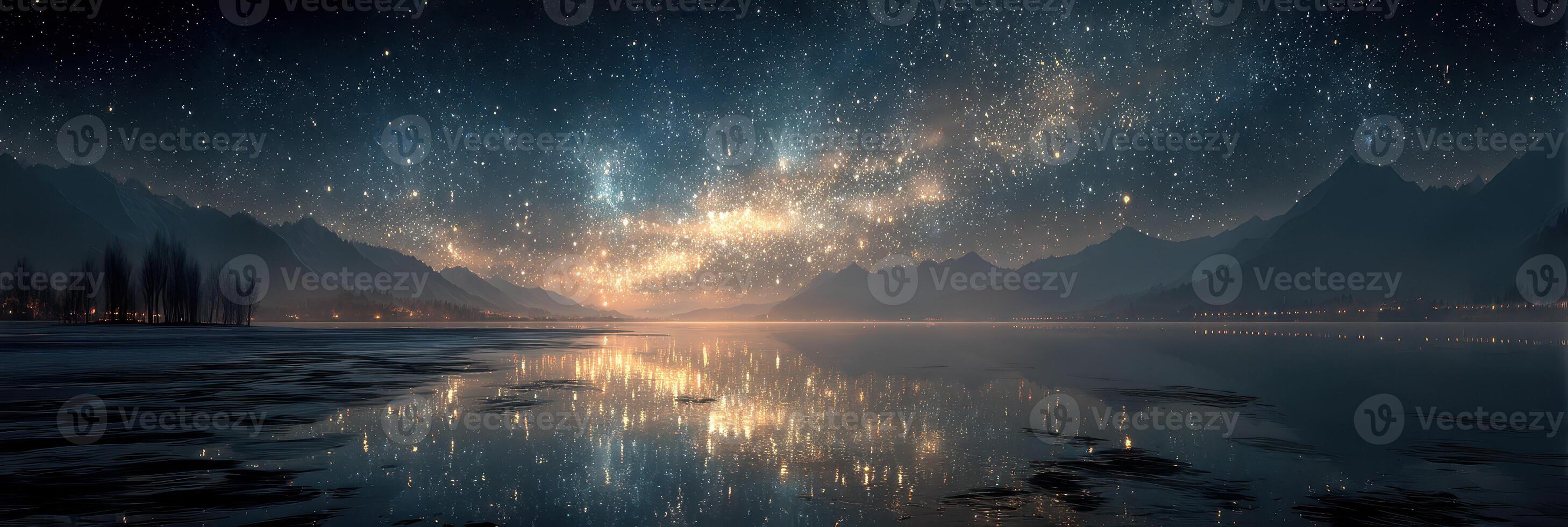 Night sky filled with stars reflecting on calm lake surrounded by mountains at dusk photo