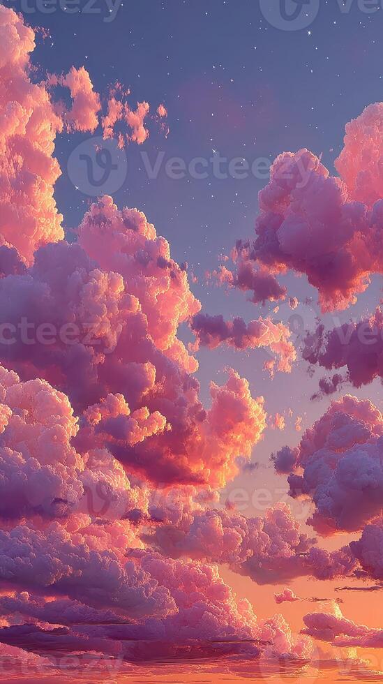 Vibrant twilight sky filled with fluffy clouds during sunset over the horizon photo