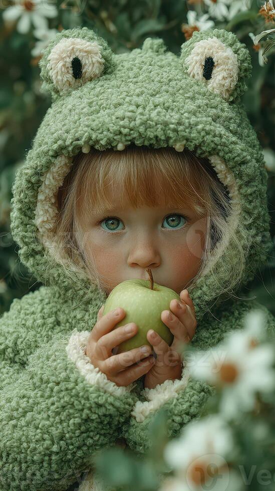Young child in a green frog hoodie holds a green apple surrounded by flowers in a garden during daylight photo