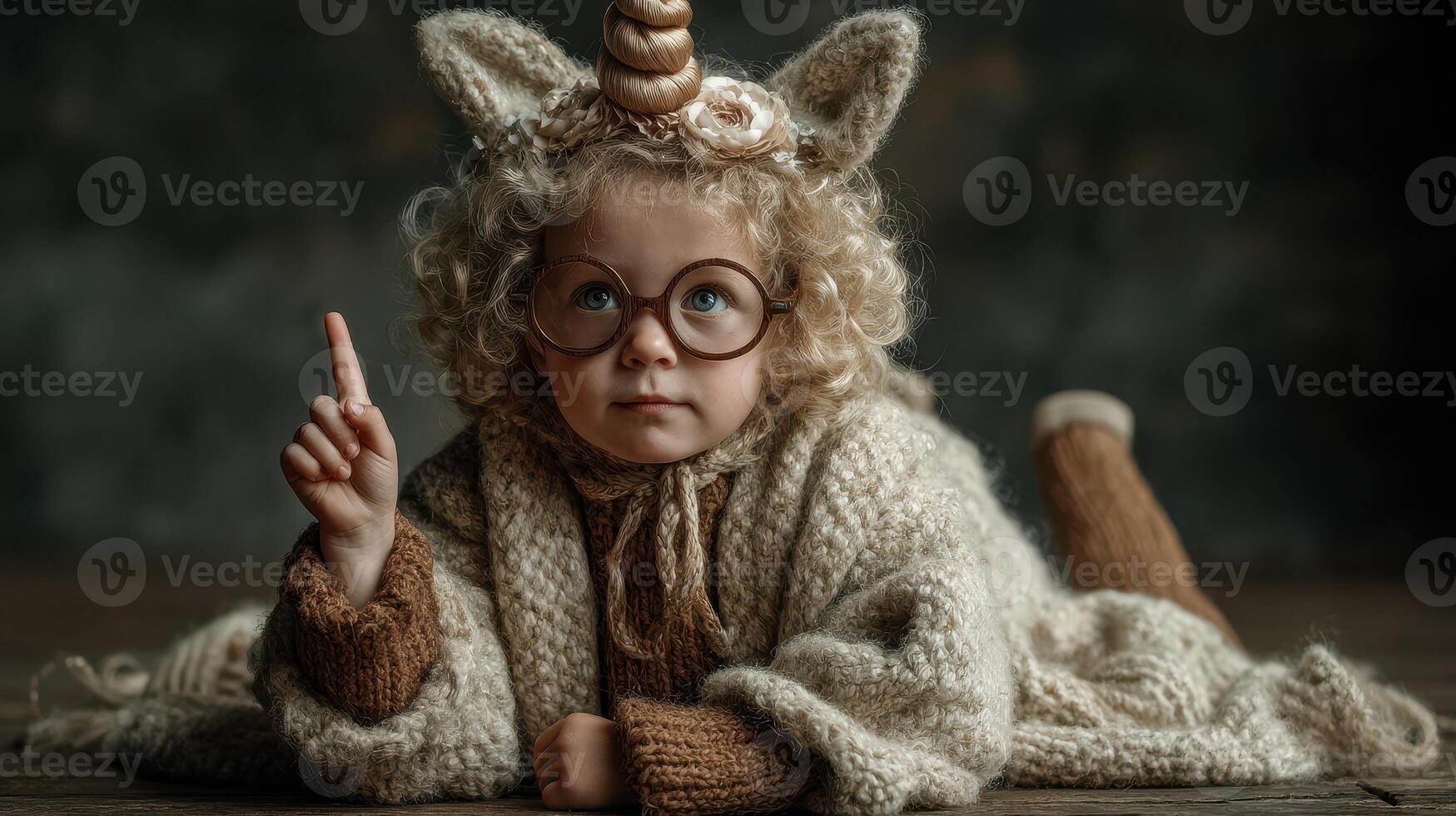 Child dressed as a unicorn in cozy sweater has playful expression while lying on the floor photo