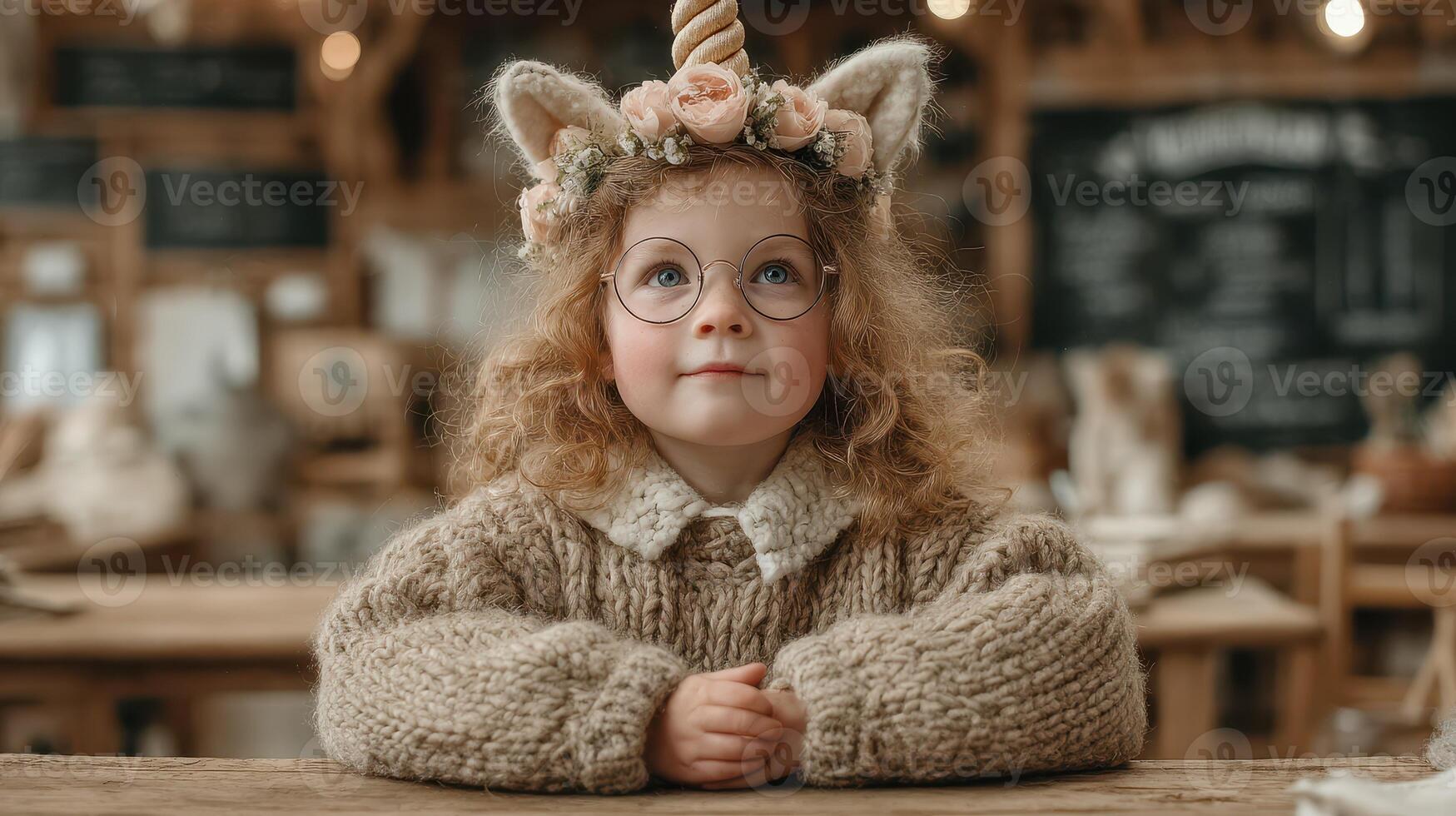 Young child with unicorn ears and glasses sits at a wooden table in a cozy cafe decorated with flowers and soft lighting photo