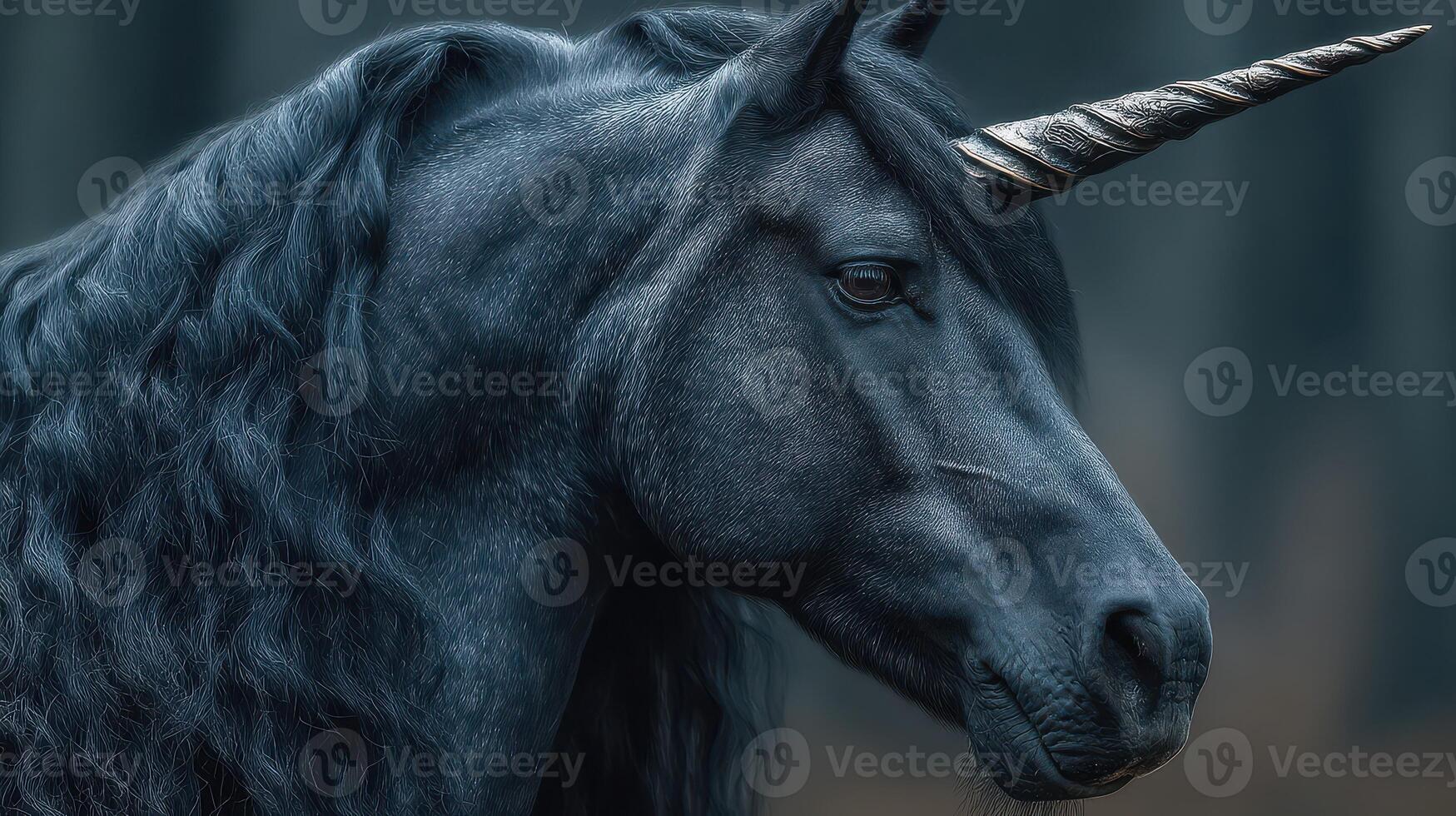 Majestic black unicorn with long mane stands in a mystical forest during twilight photo